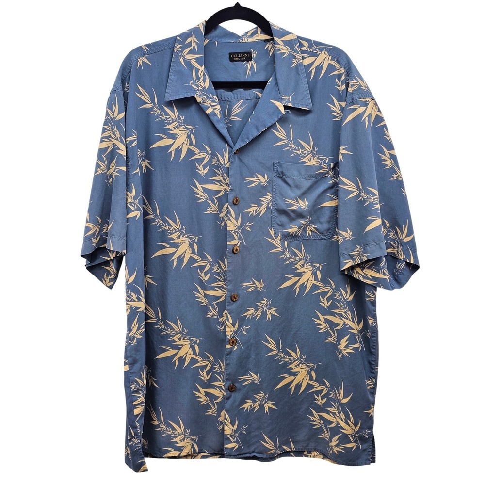 Cellinni Mens Blue 100% Silk Bamboo Leaf Print‎ Short Sleeve Camp Shirt XL